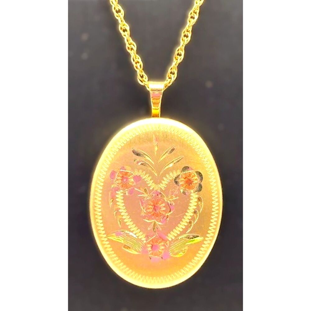 Vintage locket Gold Filled 14K oval TriColor Floral Etched Necklace PPC 6 Gr